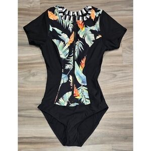 Next Black Floral Zip Front One Piece Swimsuit Size Small